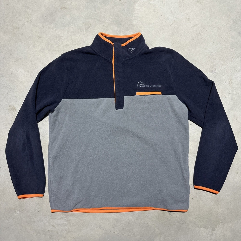Ducks Unlimited Men's SZ L Gray Orange Pullover Fleece 1/4 Button Sweatshirt